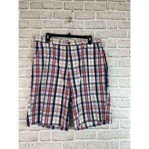 New Izod Men's Red Portsmith Plaid Flat Front Short Size 34 Golf Casual Wear